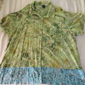 MIB Shirt Button Up Batik Print Green Blue Short Sleeve 4X Measurements in Pics
